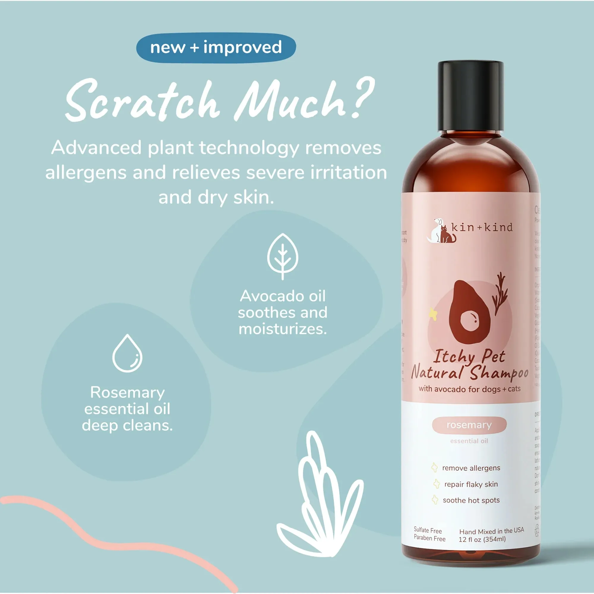 Kin Kind Itchy Pet Natural Shampoo with Avocado for Dogs & Cats (Rosemary)