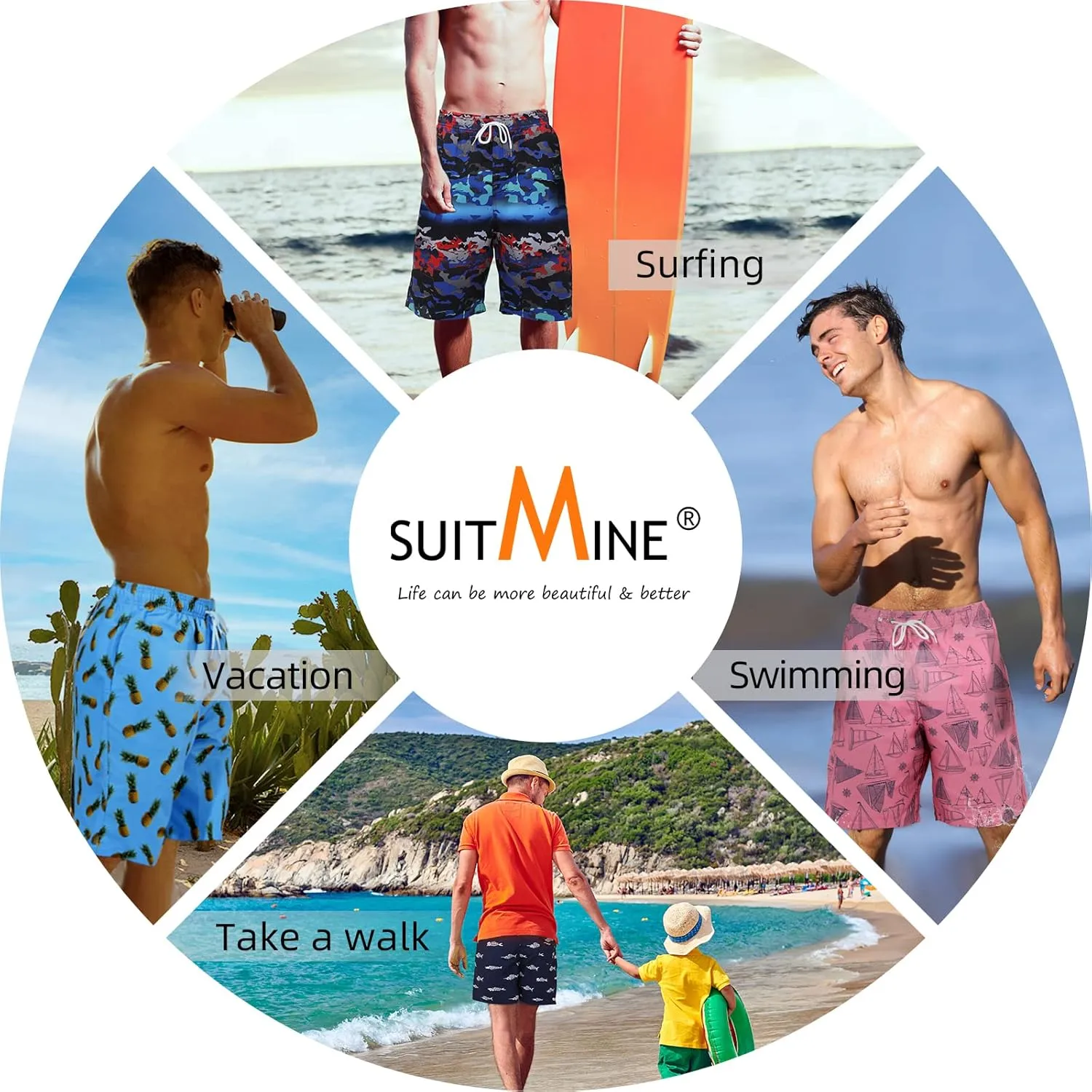 Mens Summer Beach Quick-Dry Board Shorts Color-Gradient Printed Swim Trunks