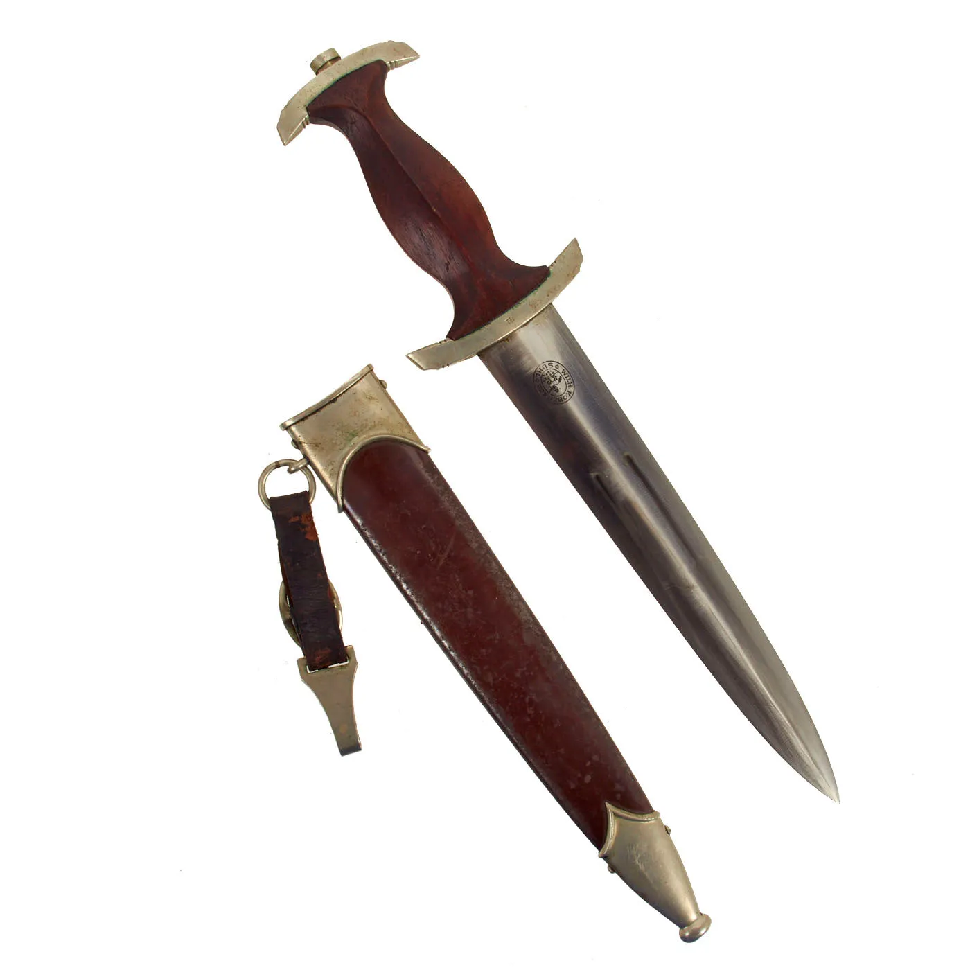 Original German Early WWII SA Dagger by Rare Maker Wilhelm Kober of Suhl with Scabbard & Hanger