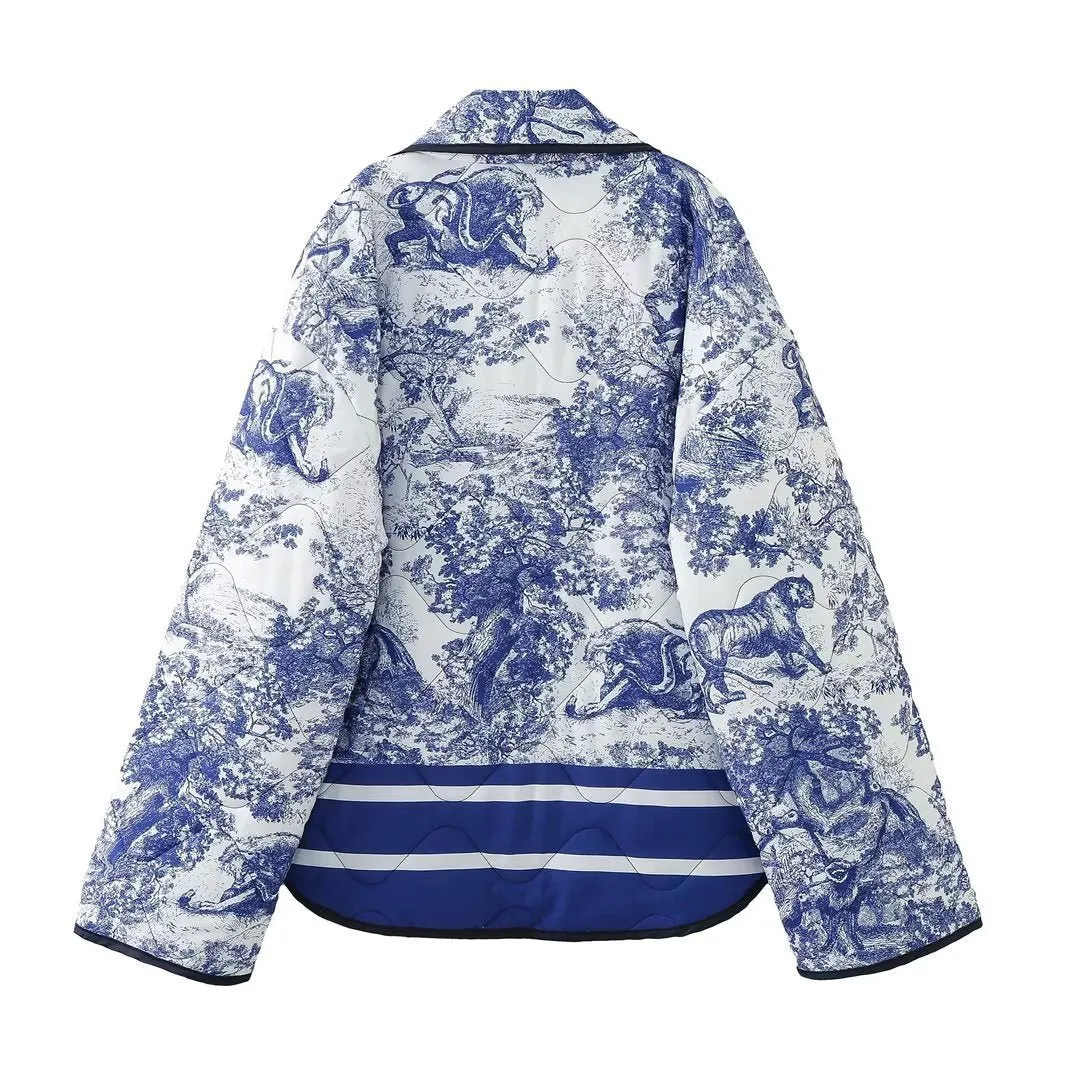 Vintage-Inspired Print Puffer Jacket – Bold and Cozy Outerwear